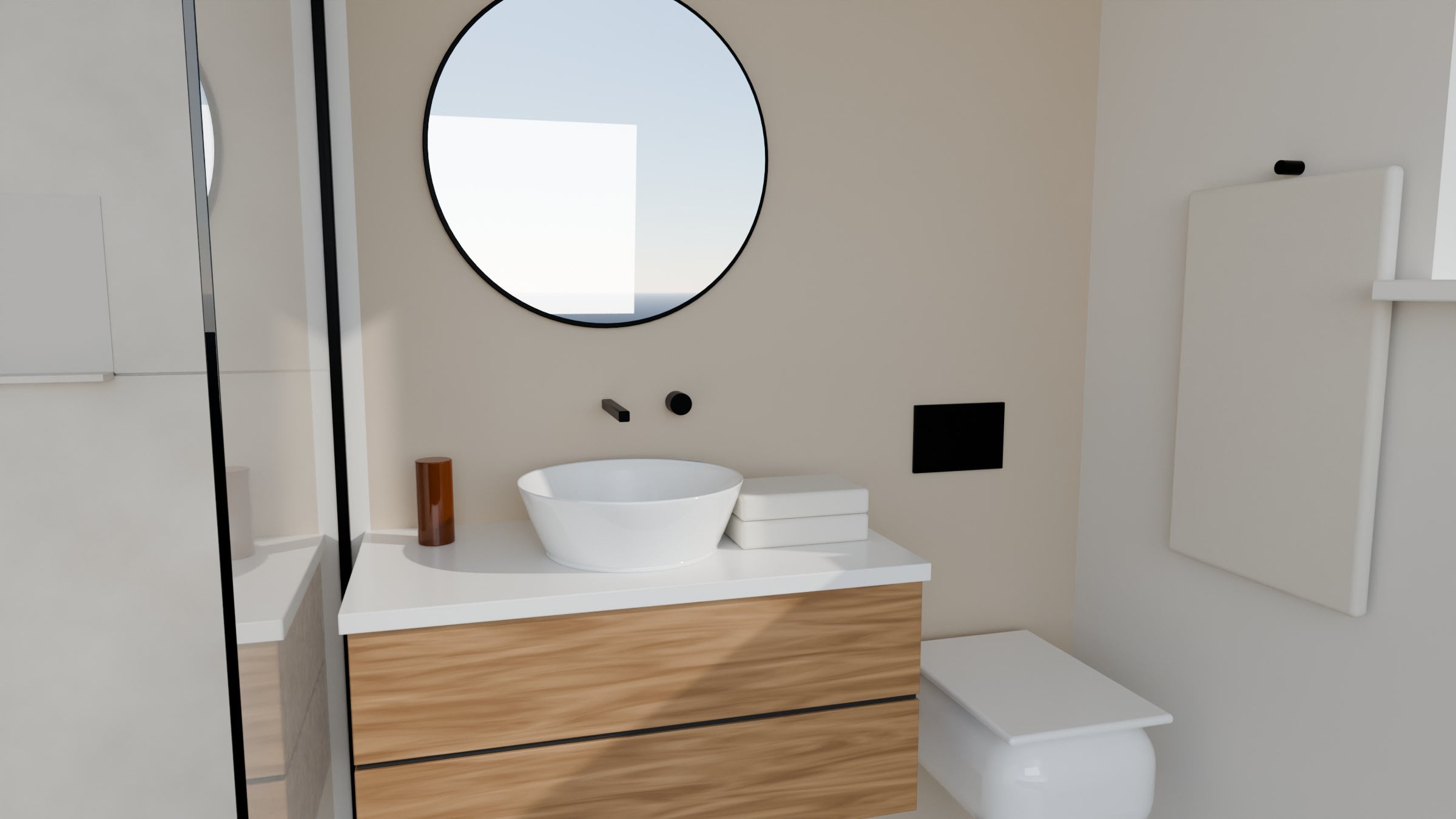 Rendering of a floating oak vanity, vessel basin and round mirror in morning light