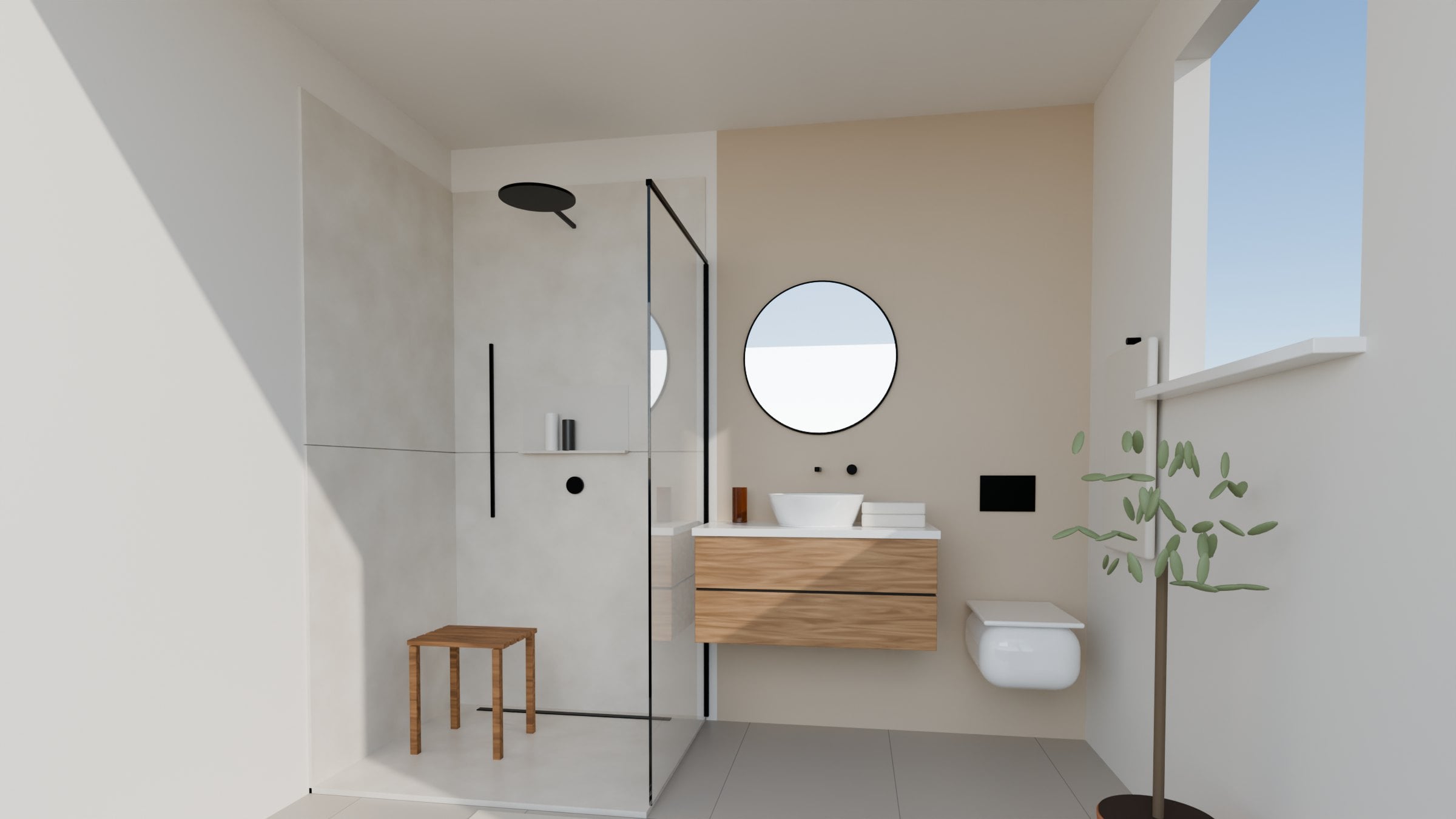 Rendering of a bathroom with a walk-in shower and floating oak vanity