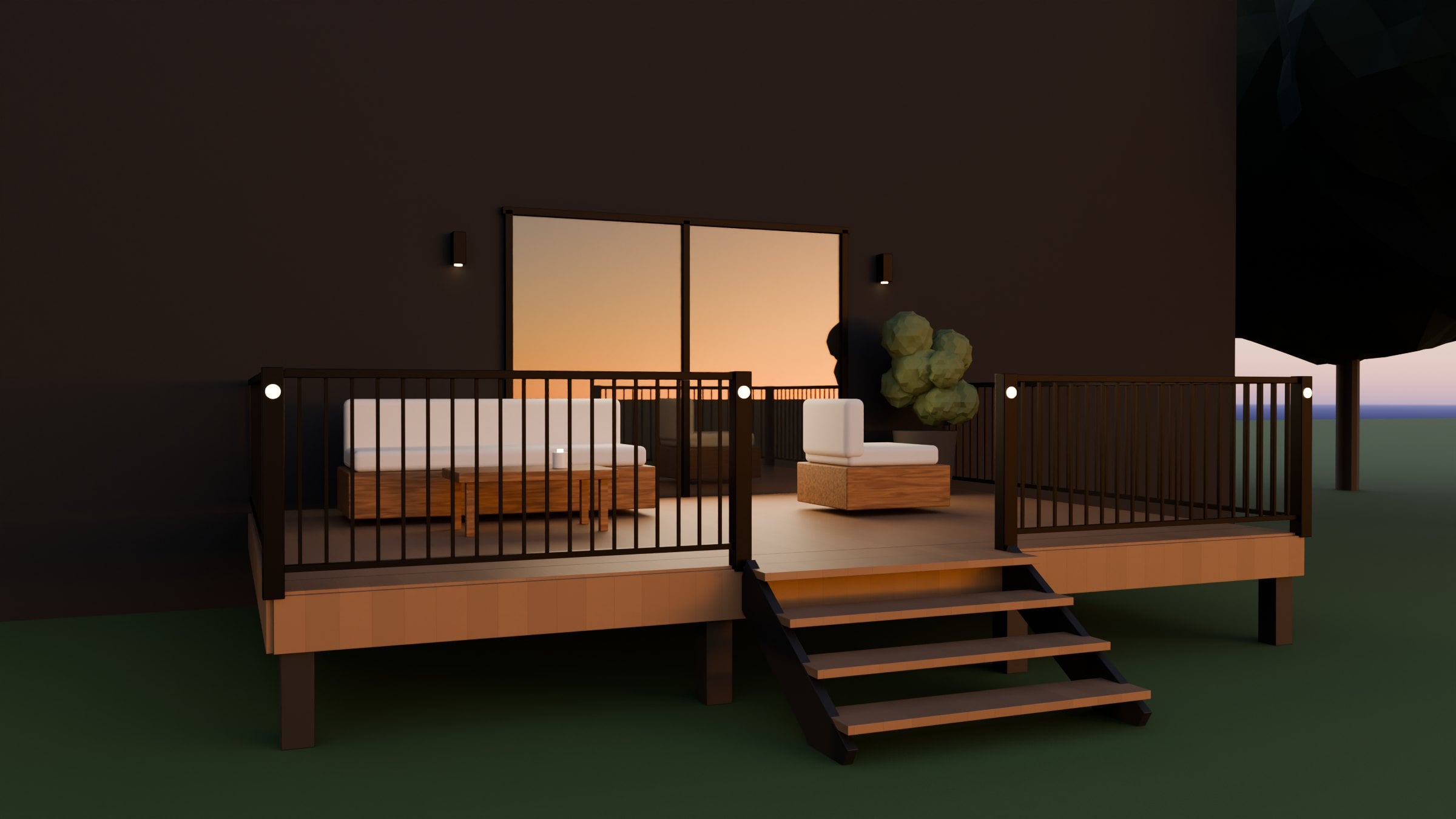 Rendering of a composite deck at dusk with a black railing