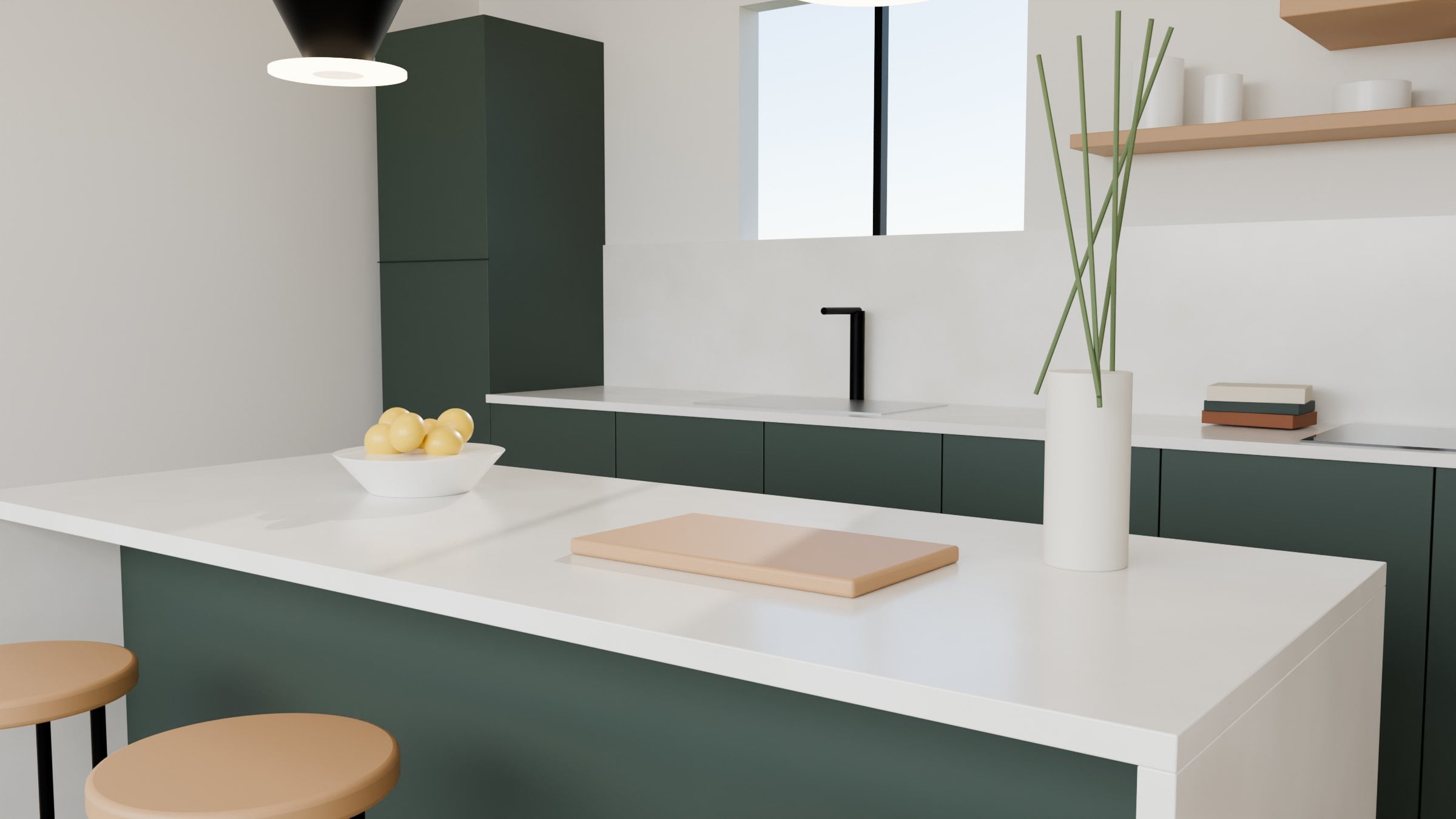 Rendering of a quartz kitchen island with green cabinets